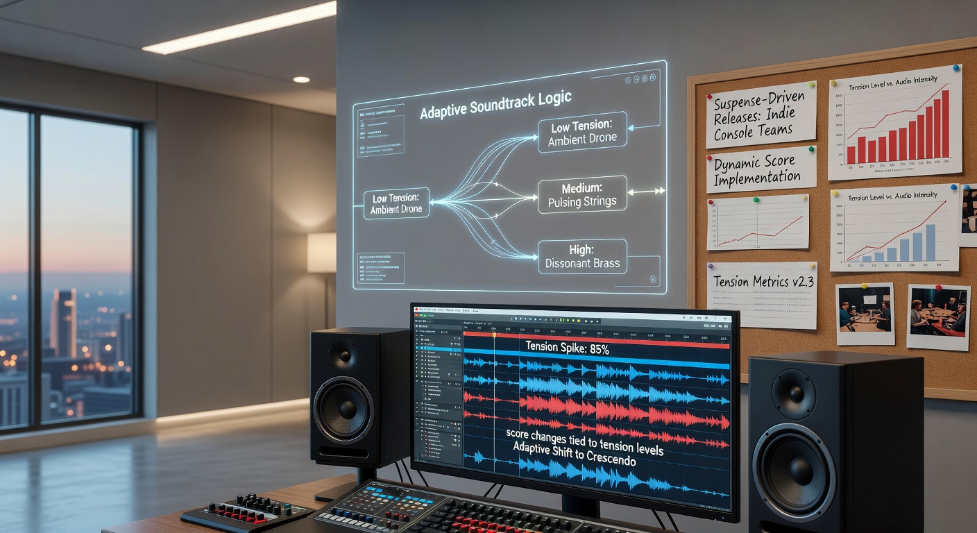 Independent console development team reviewing adaptive audio layers during a suspense game session