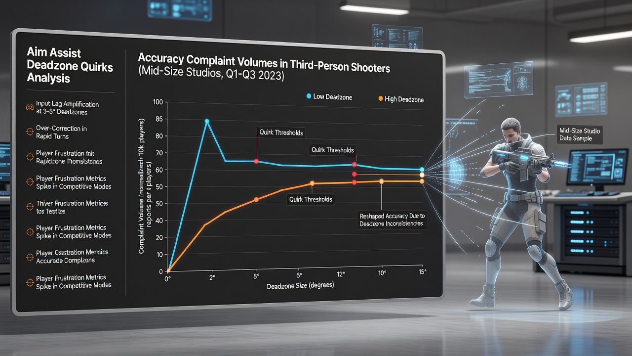 Graph depicting rising accuracy complaint volumes correlated with aim assist deadzone settings across multiple console titles