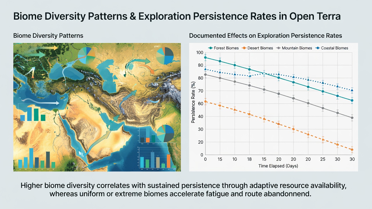 Screenshot of player exploration heatmap overlay on a procedurally generated terrain with multiple biome types, illustrating concentration zones near resource clusters and transition areas