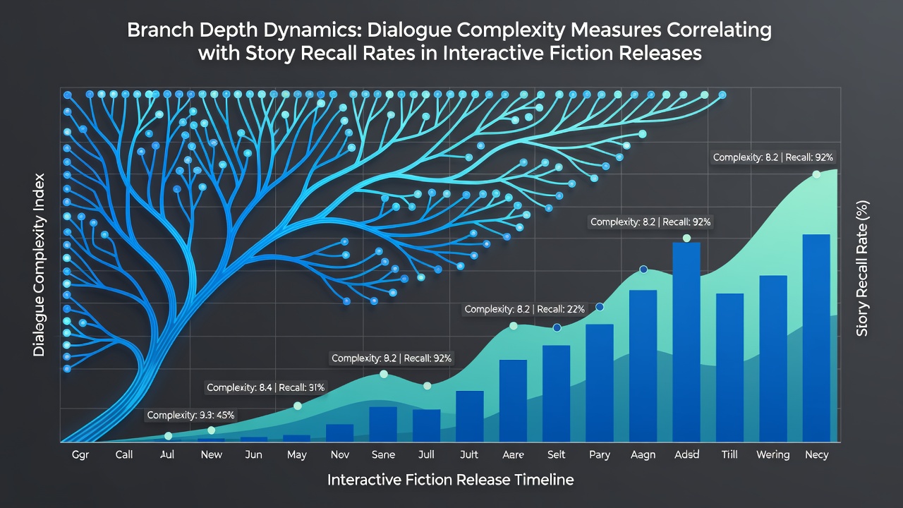 Interactive fiction branching narrative visualization showing dialogue tree structures and recall metrics