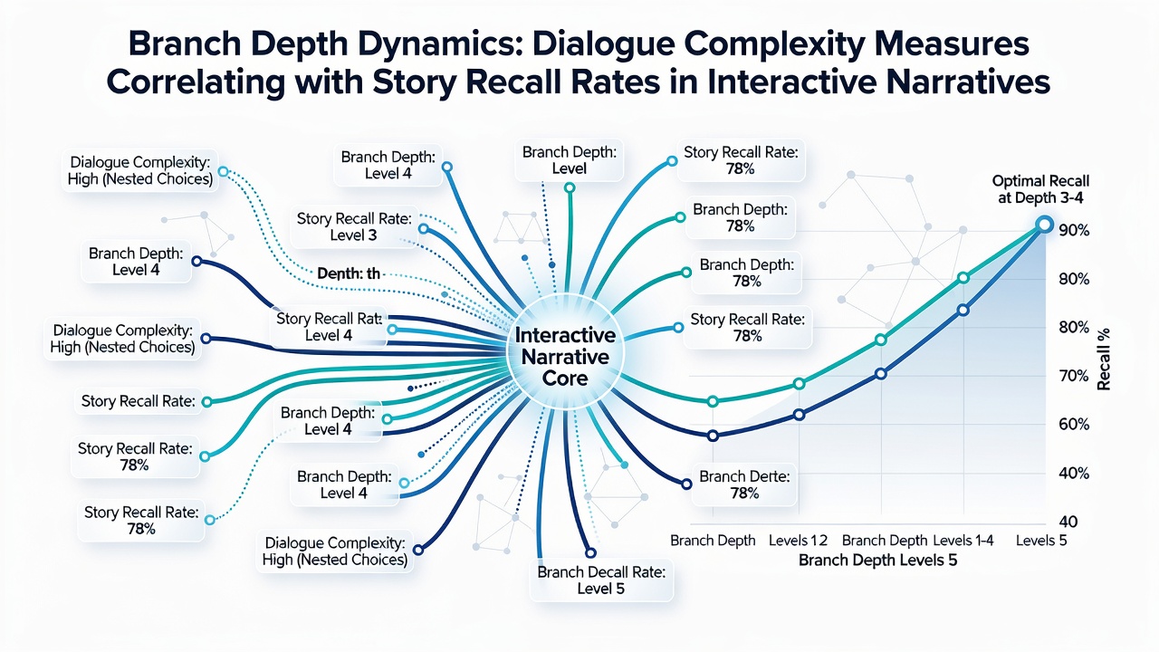 Data charts displaying correlation between dialogue complexity scores and story recall percentages in interactive fiction titles