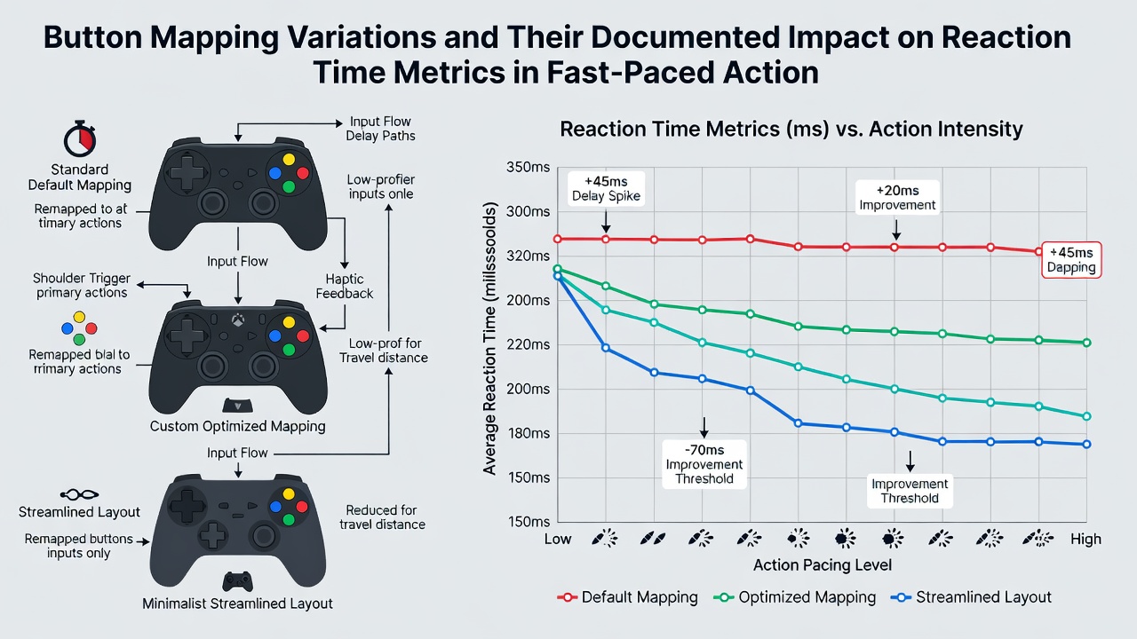 Side-by-side comparison of button remapping interfaces used in independent action games with overlaid performance metrics