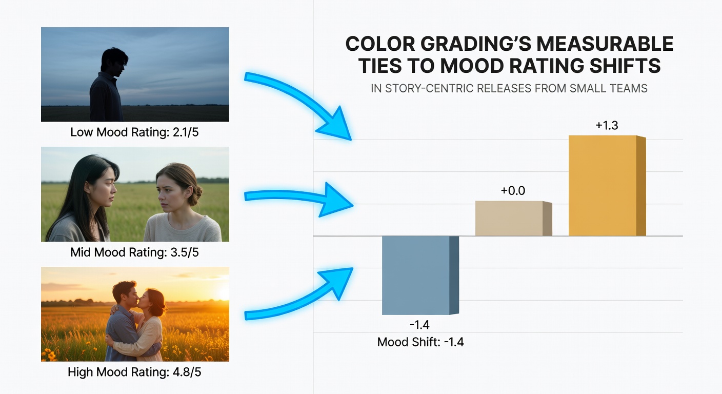Color grading examples showing warm and cool palettes applied to narrative game scenes from small studio releases
