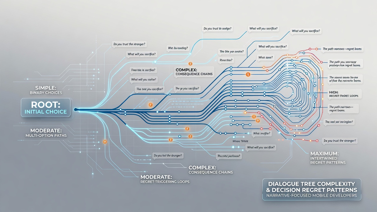Complex dialogue tree interface in a mobile interactive fiction game showing branching narrative options and regret indicators