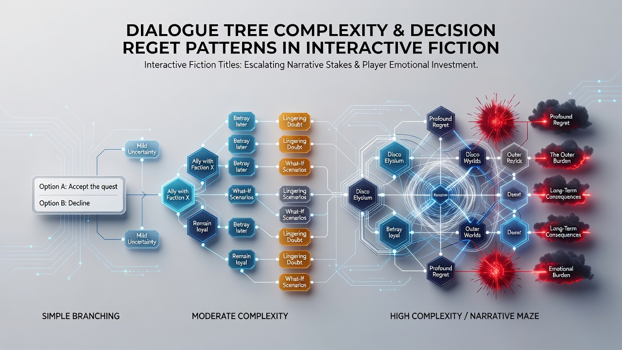 Mobile game analytics dashboard displaying regret metrics linked to dialogue branch selections in interactive fiction titles