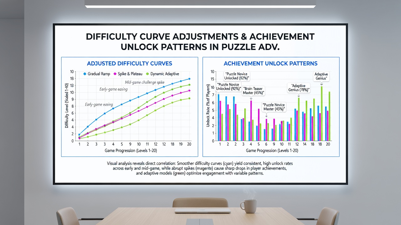 Analytics dashboard displaying achievement unlock timelines and difficulty curve metrics from multiple mobile puzzle titles