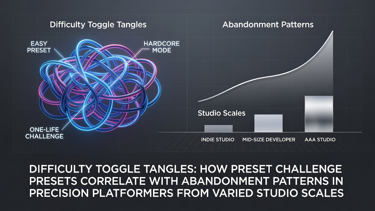 Chart showing difficulty preset selections and player abandonment rates across precision platformers from different studio sizes