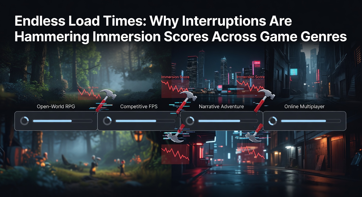 A player frustrated at a loading screen in a vast open-world game, clock ticking as immersion breaks