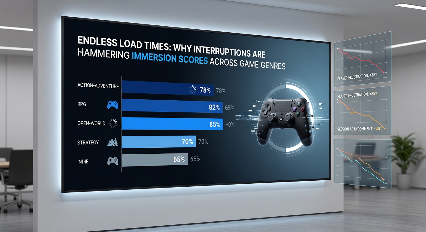 Graph showing immersion score drops correlated with average load times across FPS, RPG, and open-world genres from 2024-2026 data