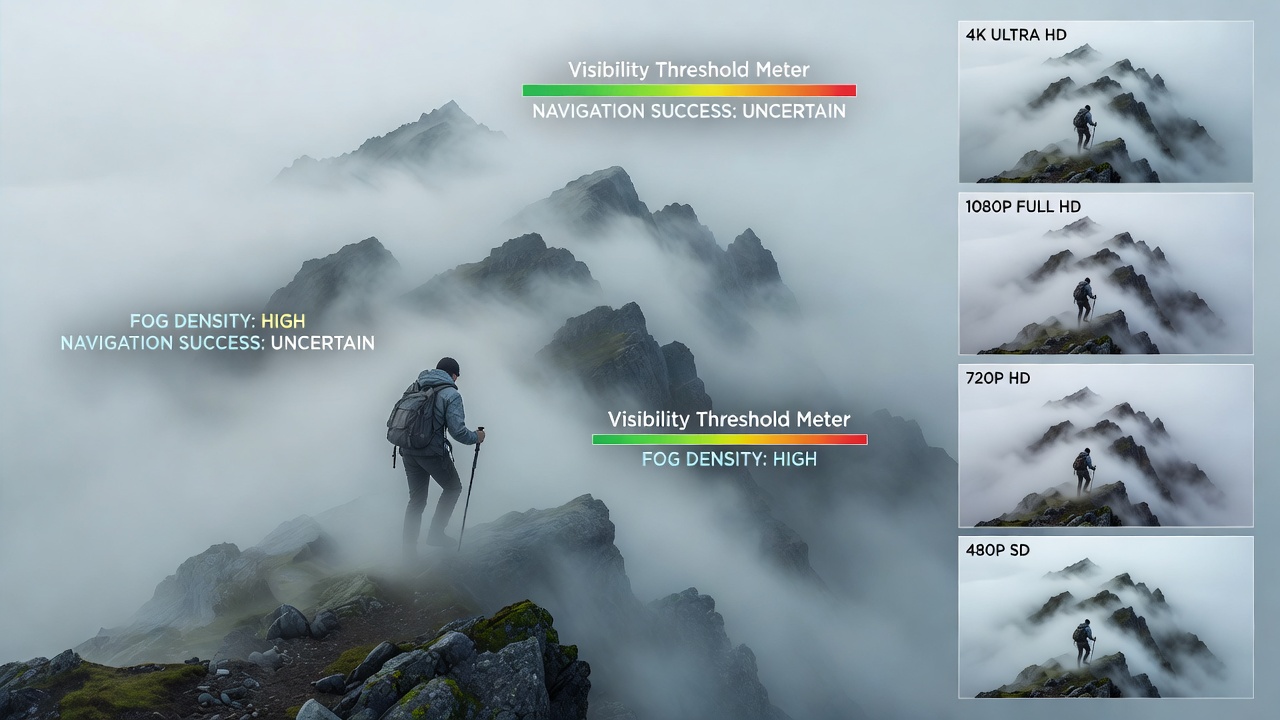 Atmospheric adventure game scene showing dense fog layers affecting player navigation on different screen resolutions