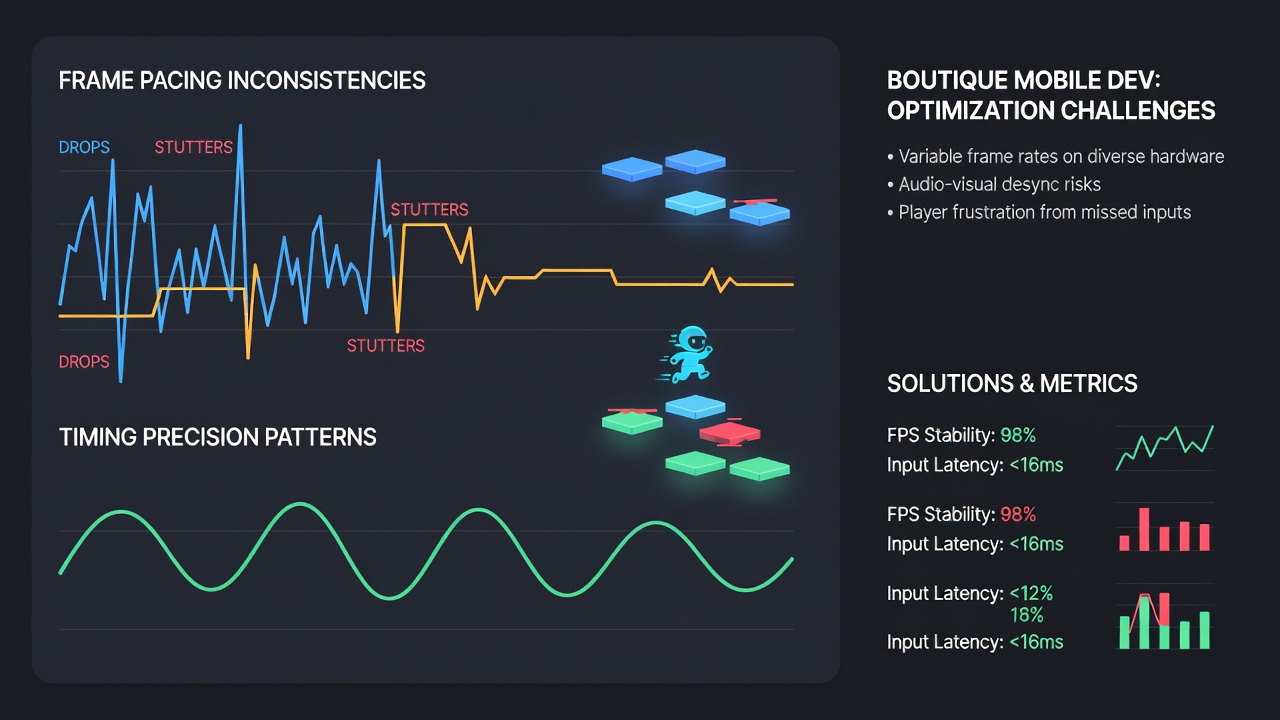 Graph showing timing precision variance across multiple mobile device tiers in rhythm platformers