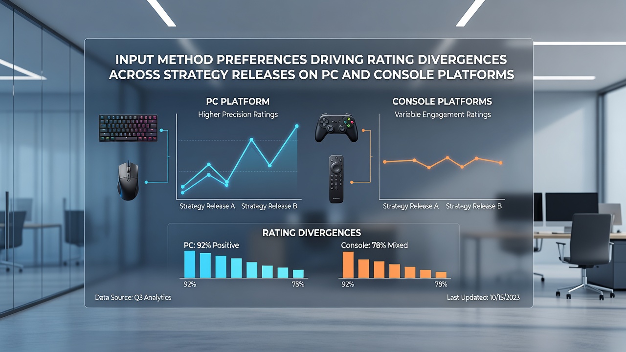Side-by-side view of PC strategy gameplay with detailed unit overlays and console version showing controller prompts during a tactical battle