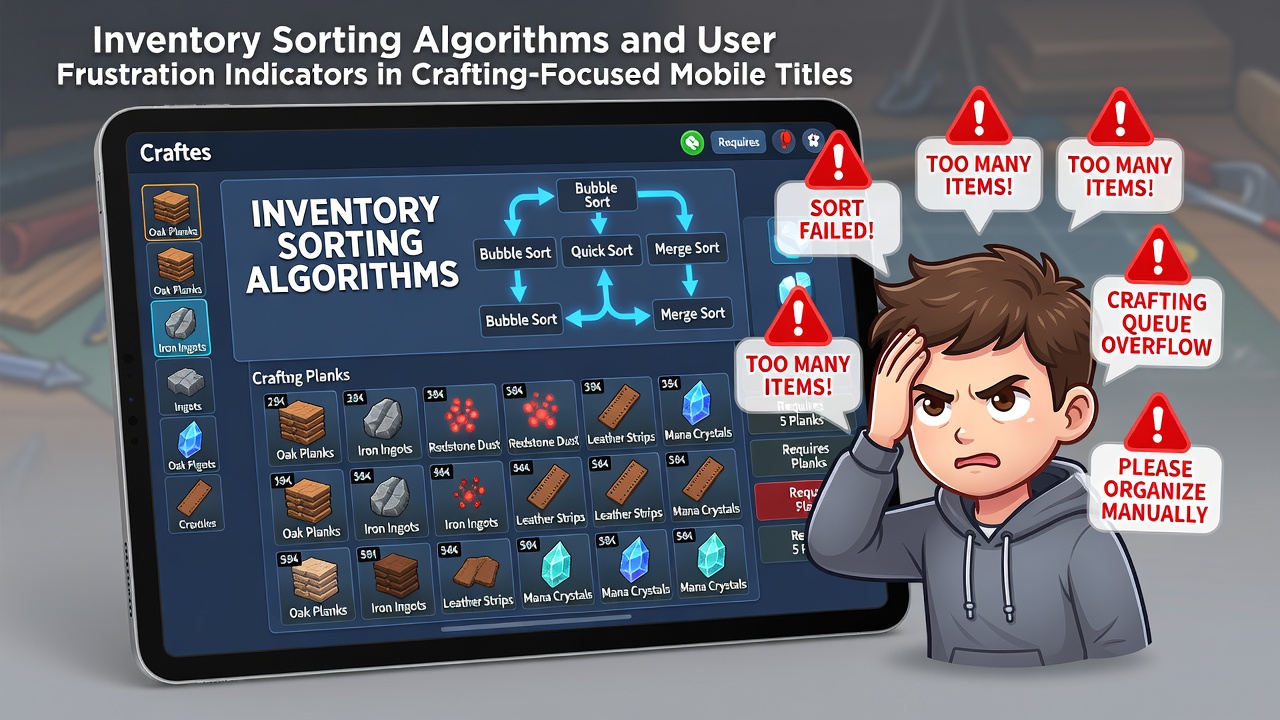 Mobile crafting game inventory screen displaying automated item sorting with resource categories highlighted