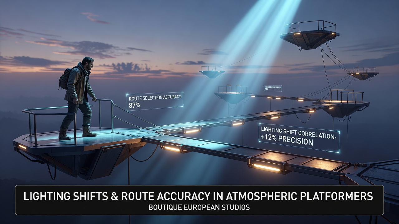 Atmospheric platformer scene showing twilight lighting transition across layered platforms in a European indie title