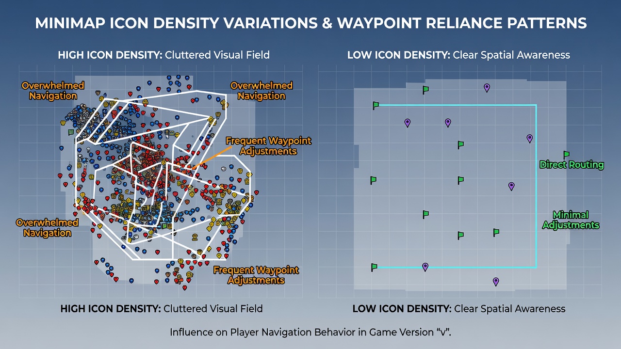 Player navigation heatmaps illustrating waypoint activation frequency relative to minimap icon placement density