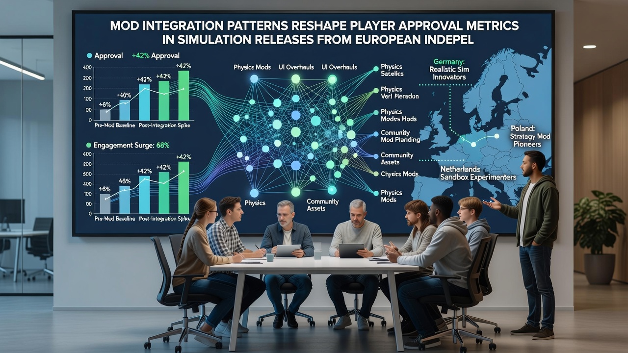 Players collaborating on custom mods for a European-developed simulation title displayed on multiple workstations