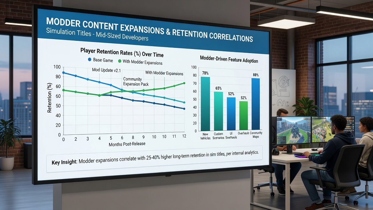 Chart showing retention rate increases in simulation games after modder content additions from mid-sized studios