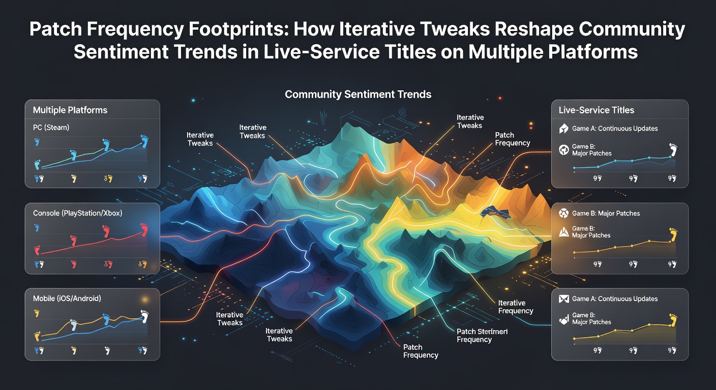Graph showing patch release intervals and corresponding shifts in player sentiment scores across live-service games on PC, console, and mobile platforms from 2024 to 2026