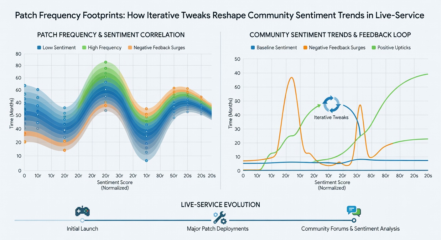 Comparison chart of community sentiment trends following different patch cadences in live-service games across PC, console, and mobile from late 2025 into 2026