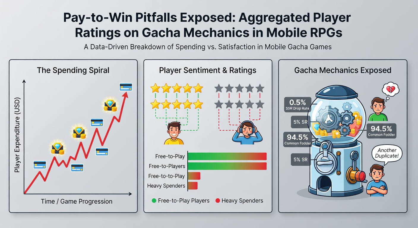 Infographic chart displaying declining average player ratings for popular gacha RPGs over time, with bars for launch, 3 months, and 6 months post-release
