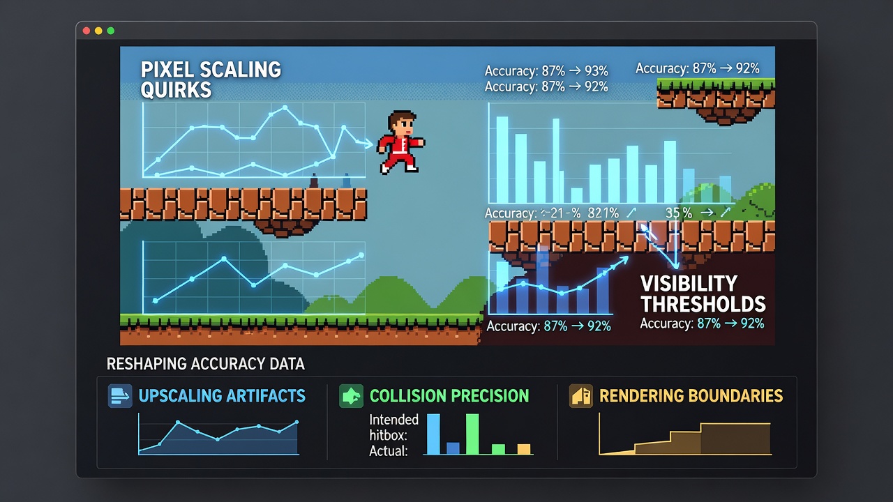 Close-up of retro platformer level demonstrating visibility threshold adjustments and pixel scaling impact on player accuracy