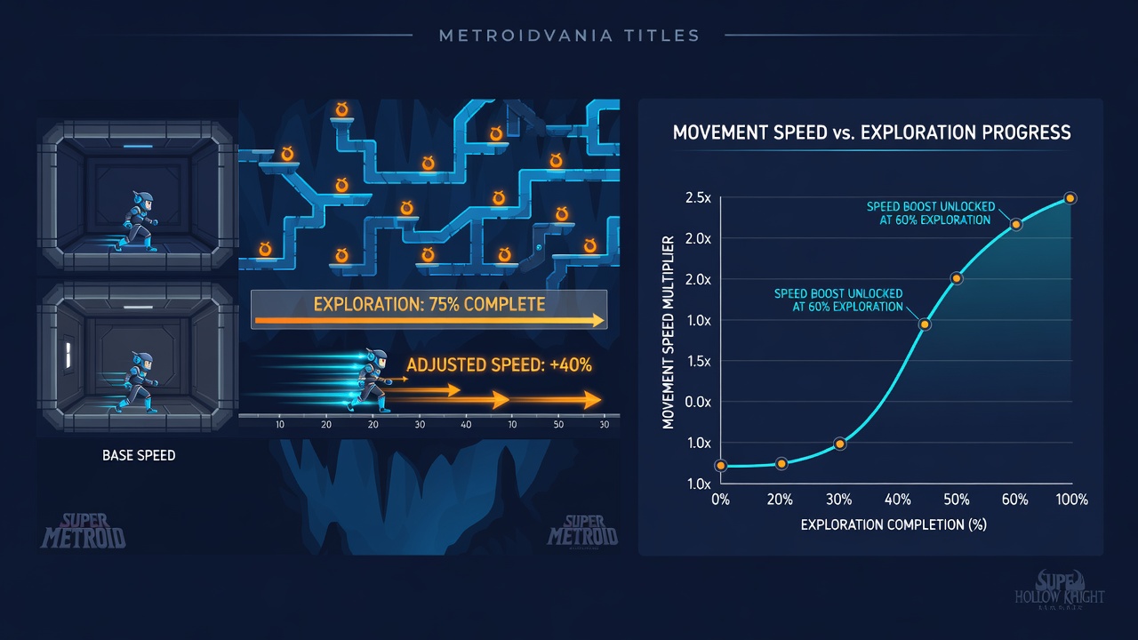 Detailed view of a Metroidvania level editor screen displaying speed adjustment sliders alongside completion percentage graphs and player path overlays