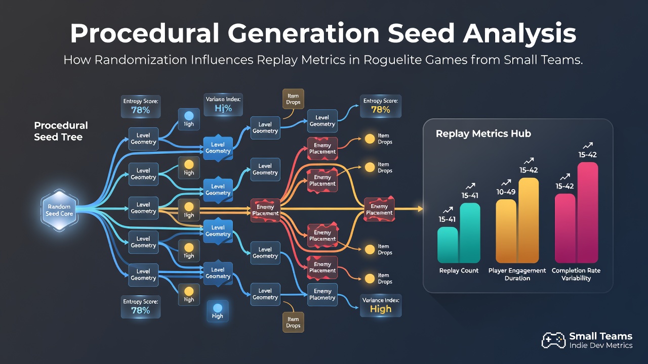 Visual representation of procedural generation seeds creating varied level layouts in roguelite games from small development teams