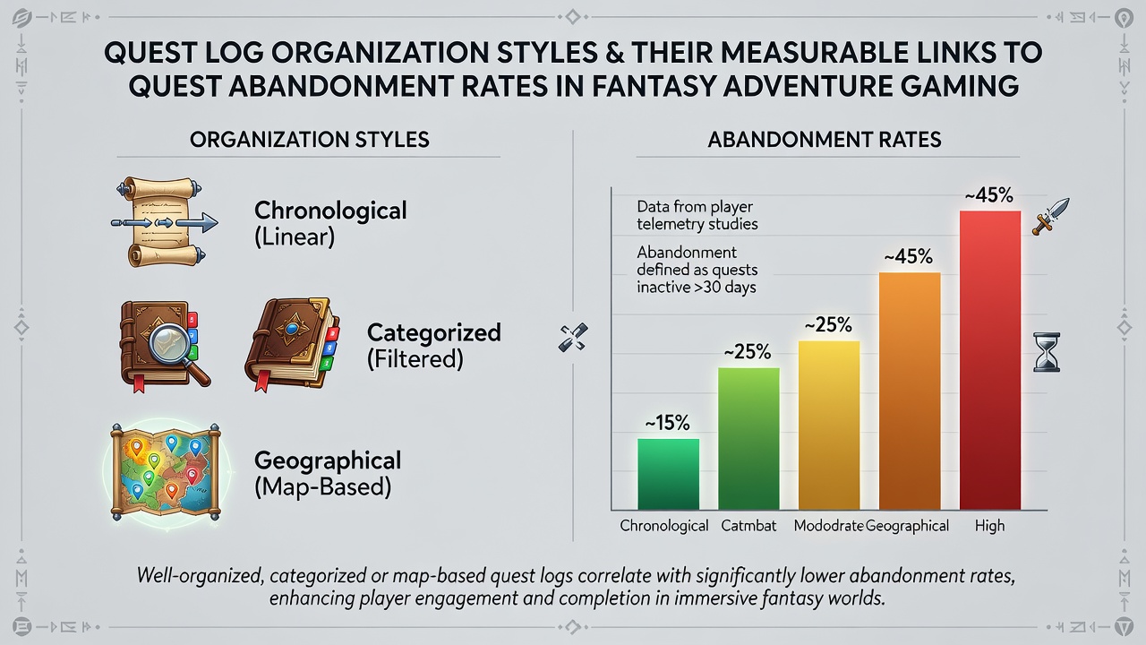 Data visualization charts displaying quest abandonment rates correlated with different log organization methods across indie fantasy games