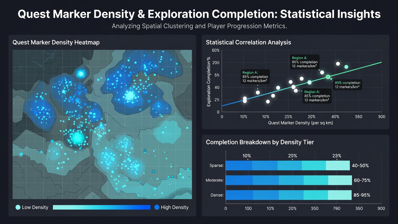 Heatmap overlay illustrating exploration completion percentages correlated with quest marker placements in a sample European action-adventure environment
