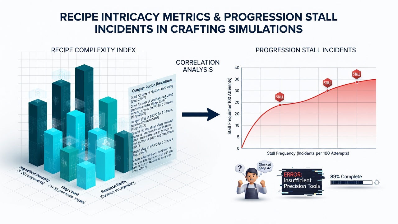 Graph illustrating stall incident rates versus recipe intricacy scores across PC and console versions of indie crafting titles