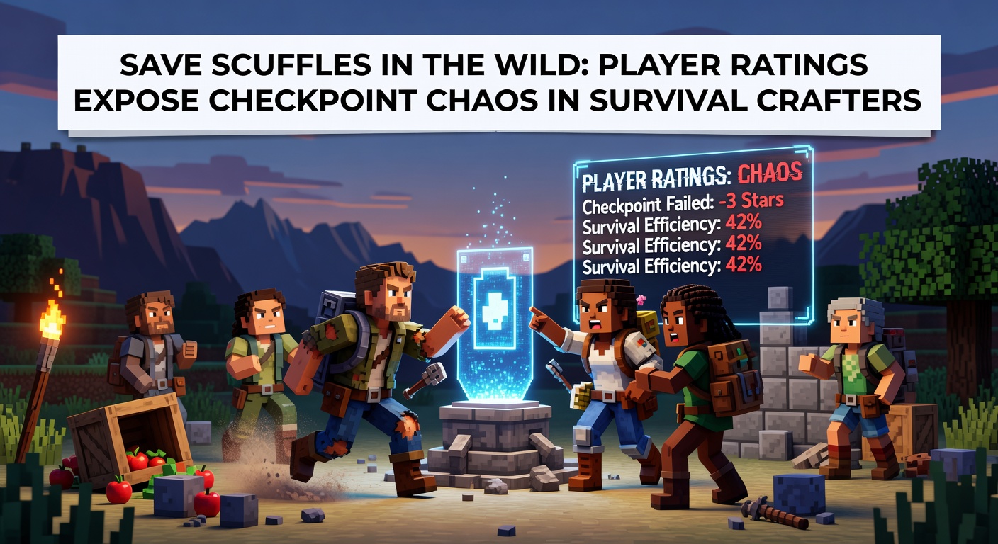 A survival crafter player staring at a corrupted save screen amid a chaotic base collapse, highlighting checkpoint frustrations