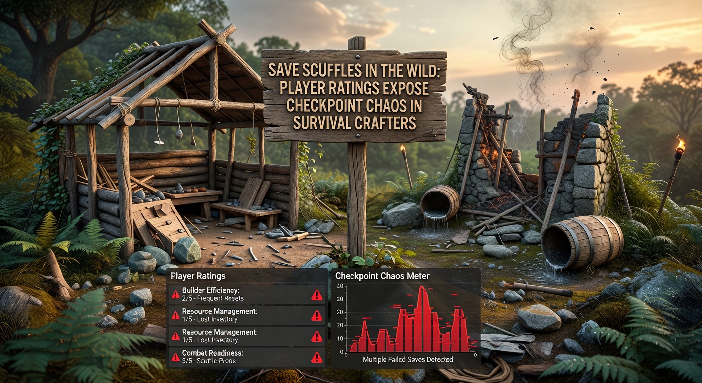 Multiplayer survival team rebuilding after a server save failure, with scattered resources and a wiped base in the background