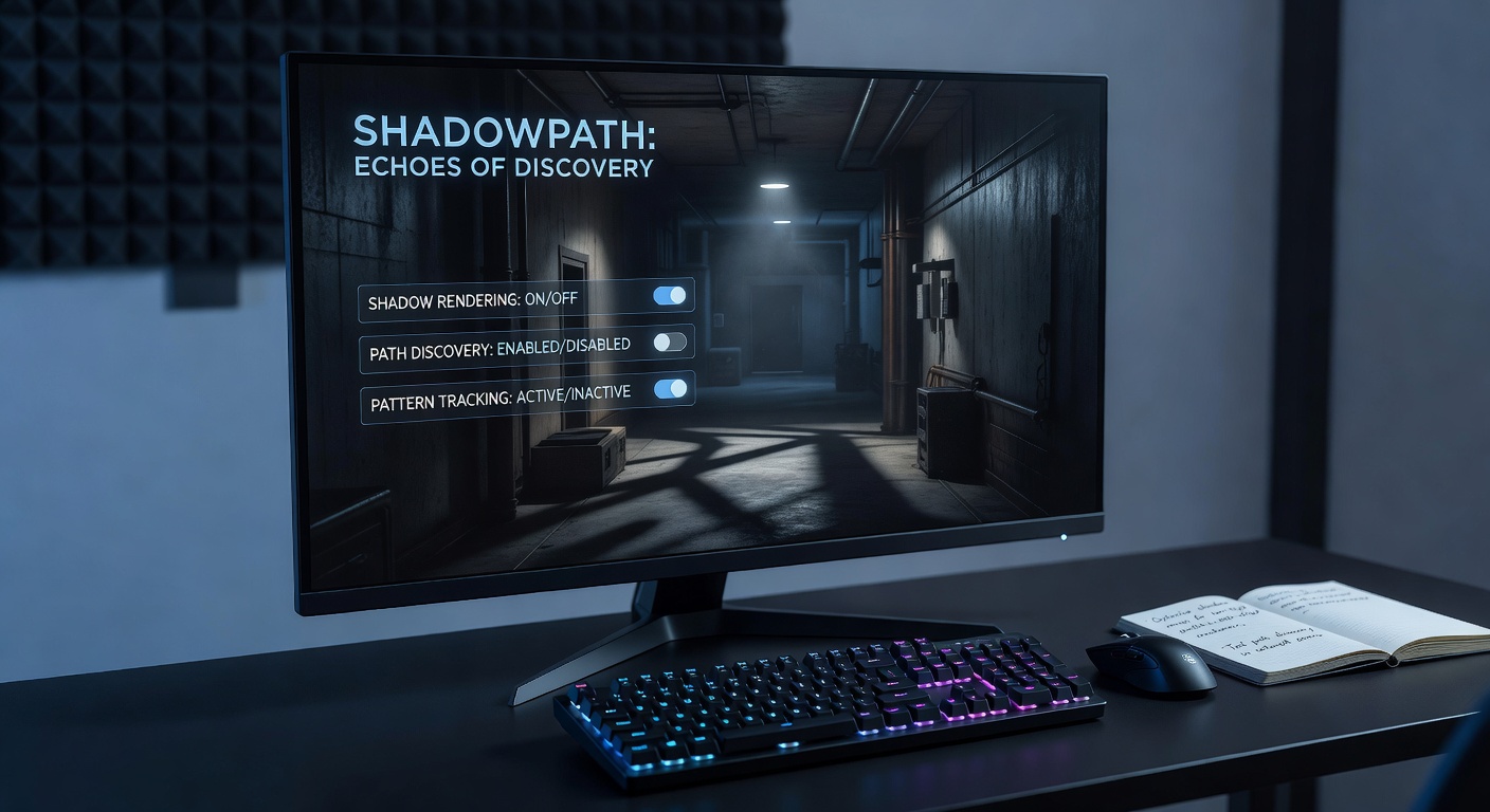 Dimly lit corridor in a boutique studio infiltration game showing dynamic shadow rendering toggles affecting player path choices
