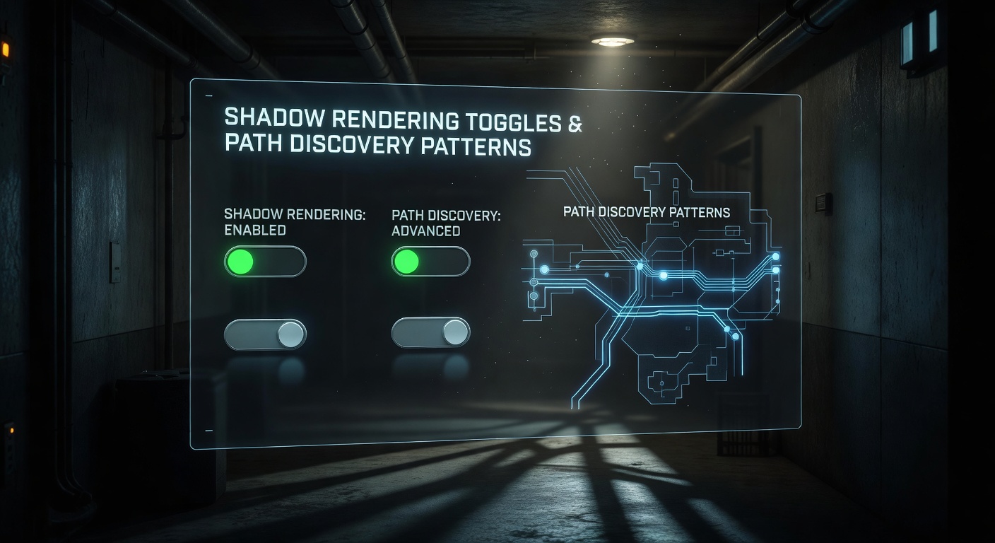 Player navigating shadows in an infiltration scene with toggled rendering settings revealing alternate routes
