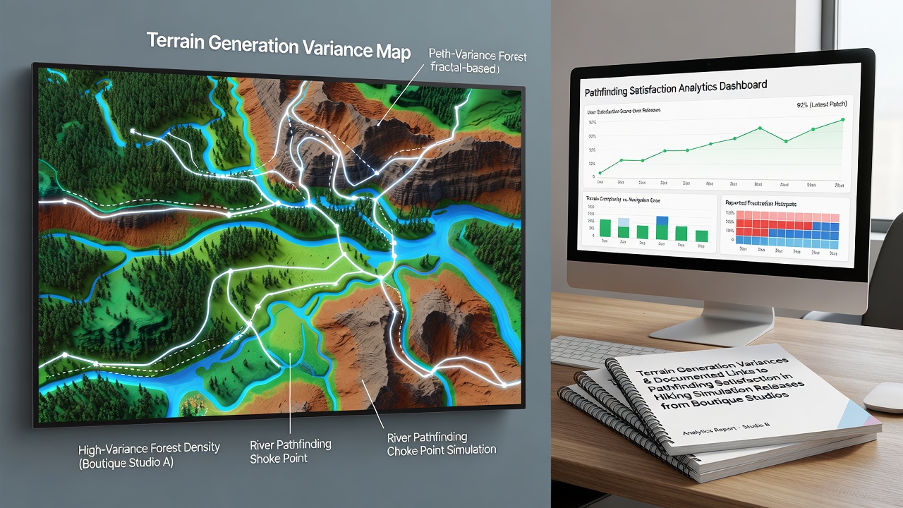 Detailed view of procedural terrain generation showing elevation changes and trail networks in a hiking simulation environment