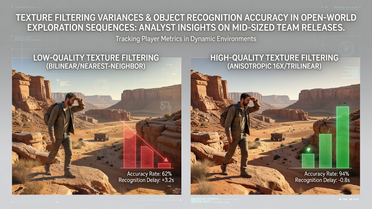 Comparison of texture filtering methods showing differences in distant object clarity within open-world environments