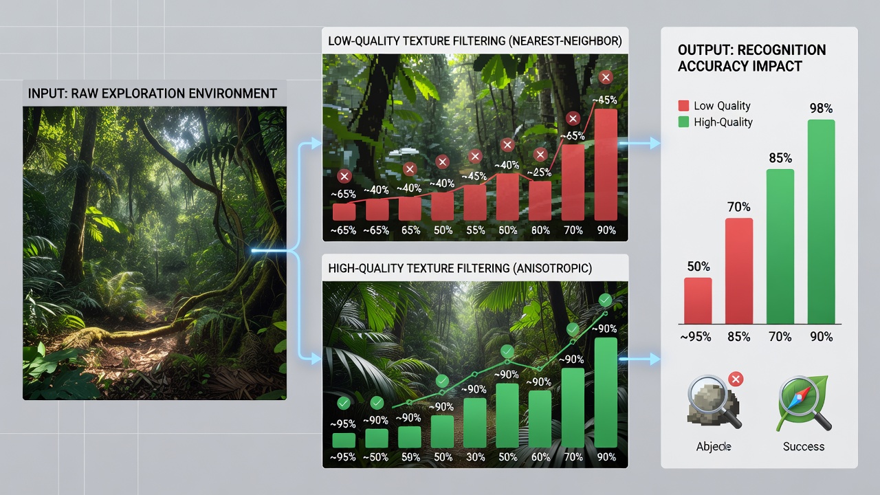 Player navigation paths overlaid on filtered terrain textures demonstrating accuracy variations during exploration