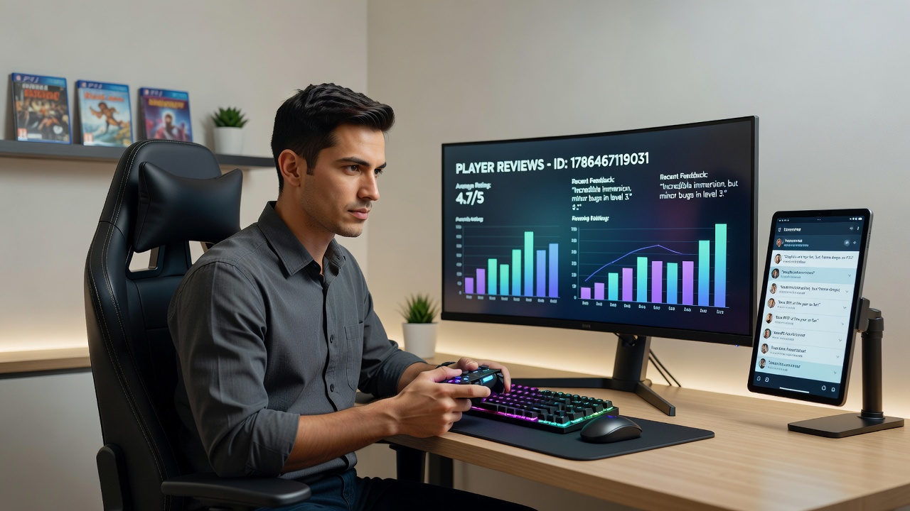 Player review interface examples across Steam, console, and mobile storefronts with score trends