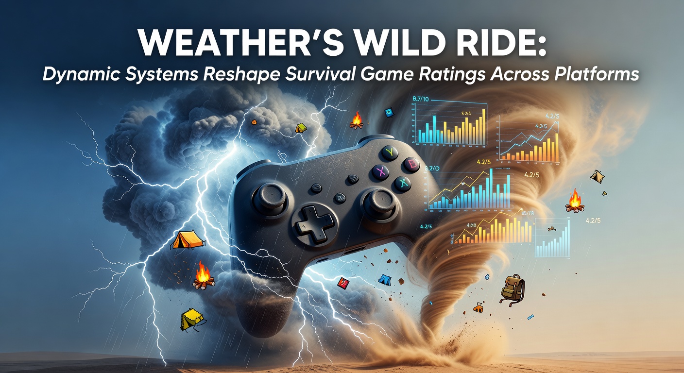 A dramatic survival game scene showing intense dynamic weather with rain, lightning, and wind affecting player structures and gameplay