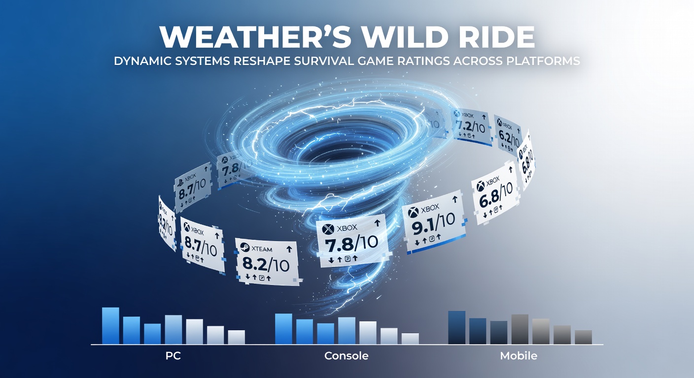 Cross-platform comparison chart illustrating survival game user ratings with and without dynamic weather systems across PC, console, and mobile